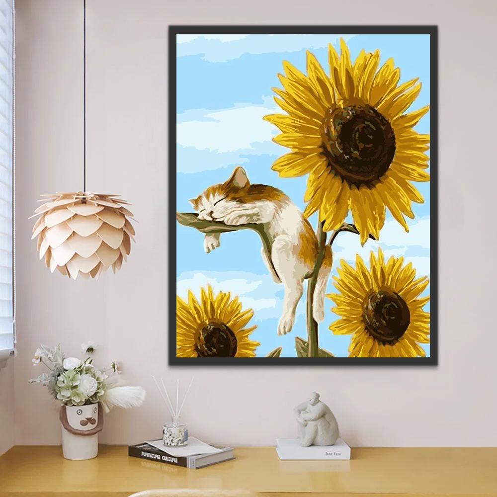 Chat Endormi et Tournesols Peinture par Numéros