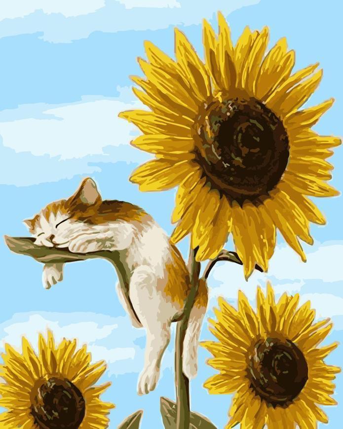 Chat Endormi et Tournesols Peinture par Numéros