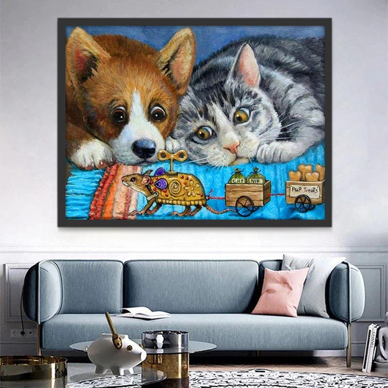 Chat et Chien Jouant des Jouets Peinture par Numéros