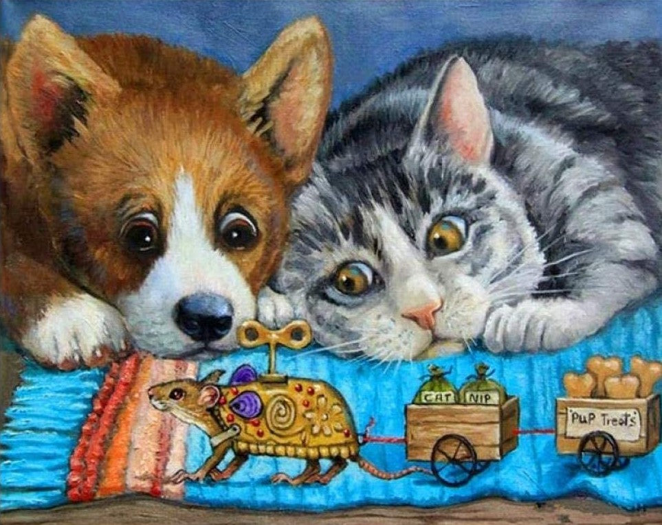 Chat et Chien Jouant des Jouets Peinture par Numéros
