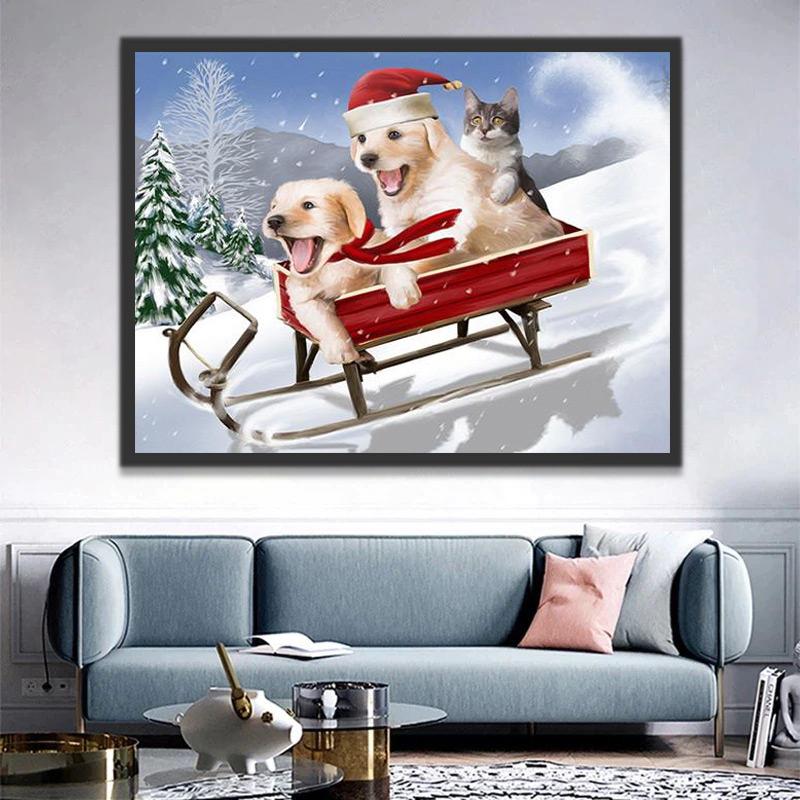 Chat et Golden Retrievers assis dans un Traîneau de Noël Peinture par Numéros