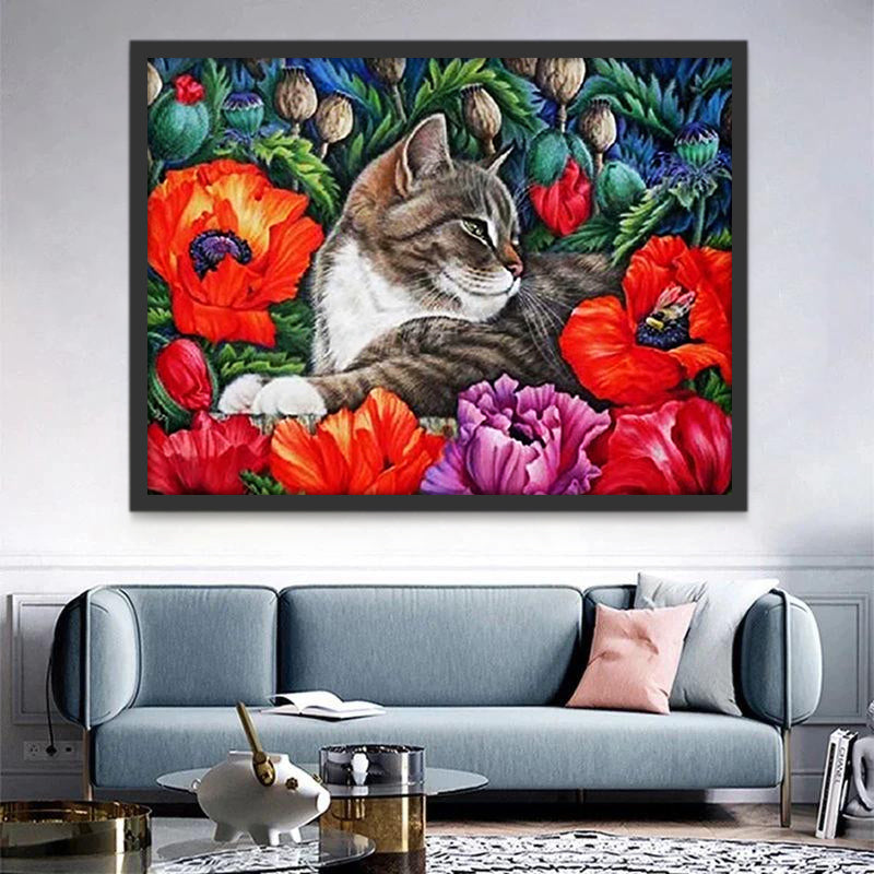 Chat et les Pivoines Rouges Peinture par Numéros