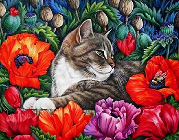 Chat et les Pivoines Rouges Peinture par Numéros