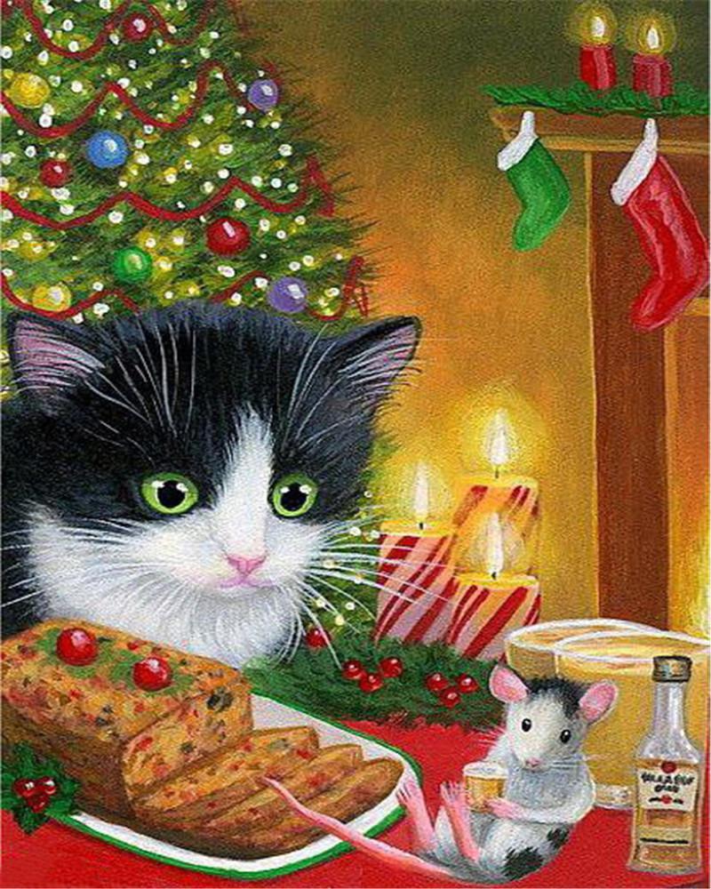 Chat et Souris Mangeant des Friandises de Noël Peinture par Numéros'