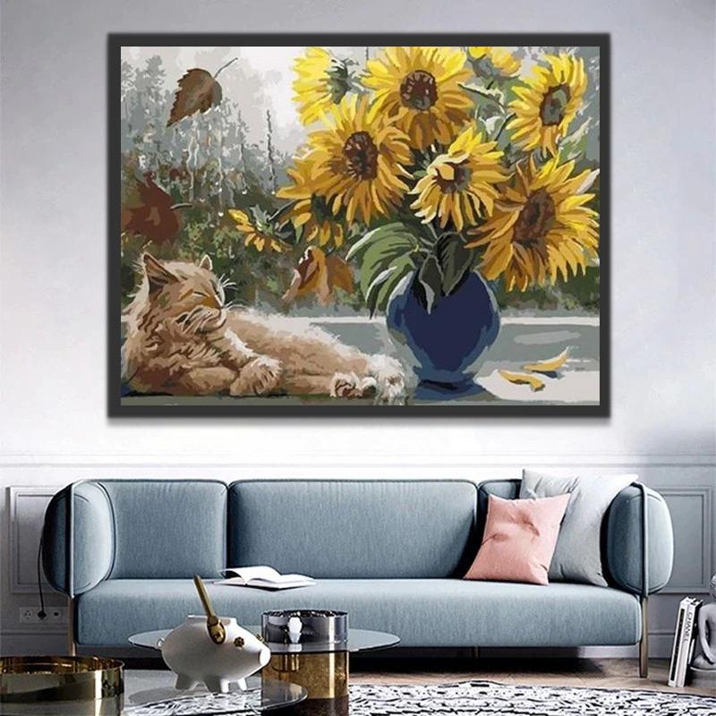 Chat et Tournesols Peinture par Numéros