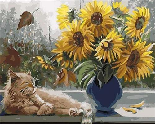 Chat et Tournesols Peinture par Numéros