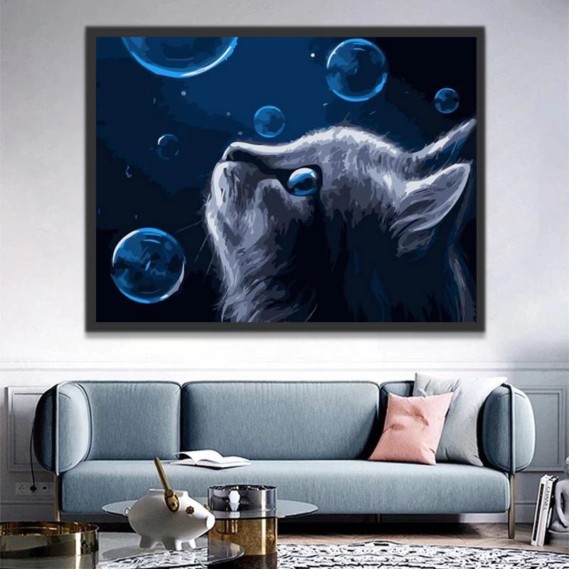 Chat Gris et Bulles Bleues Peinture par Numéros