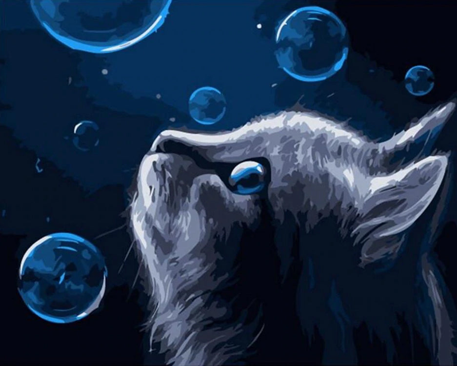 Chat Gris et Bulles Bleues Peinture par Numéros