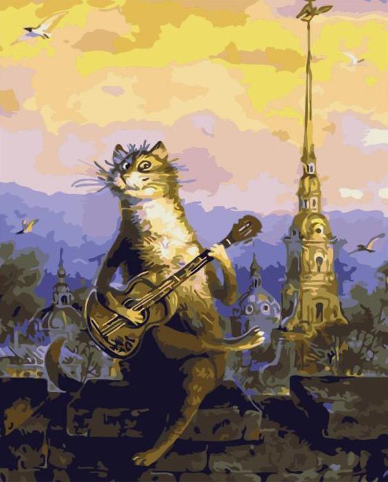Chat Jouant de la Guitare devant l'Eglise Peinture par Numéros