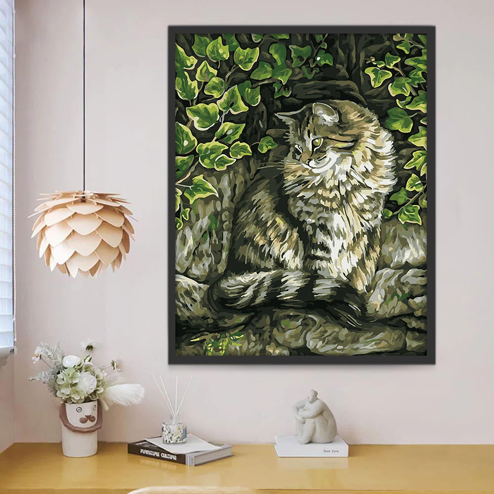 Chat Maine et Plantes Vertes Peinture par Numéros