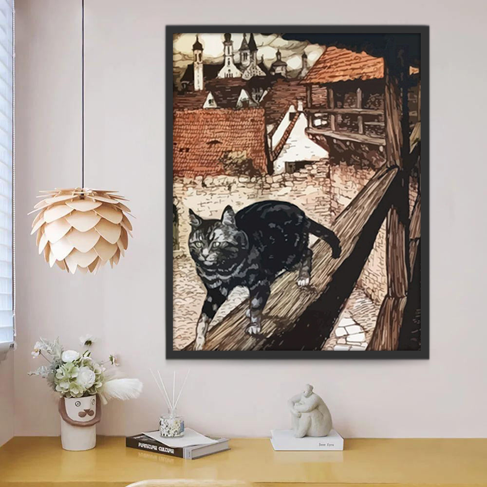 Chat Marchant sur la Balustrade en Bois Peinture par Numéros