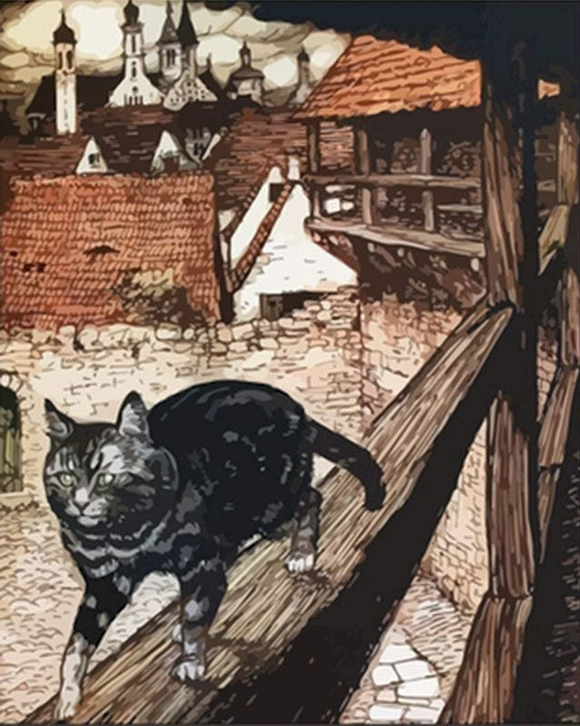 Chat Marchant sur la Balustrade en Bois Peinture par Numéros