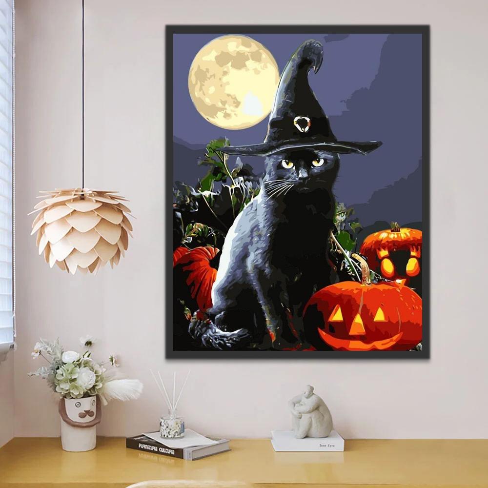 Chat Noir avec un Chapeau de Sorcier Halloween Peinture par Numéros