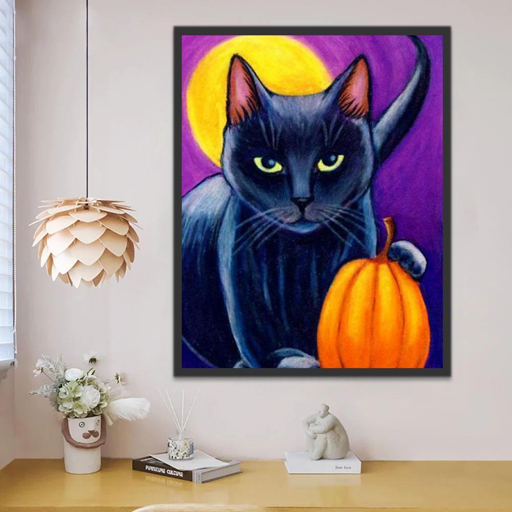 Chat Noir et Lune Claire Halloween Peinture par Numéros