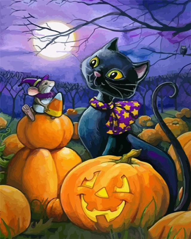Chat Noir et Souris Halloween Peinture par Numéros