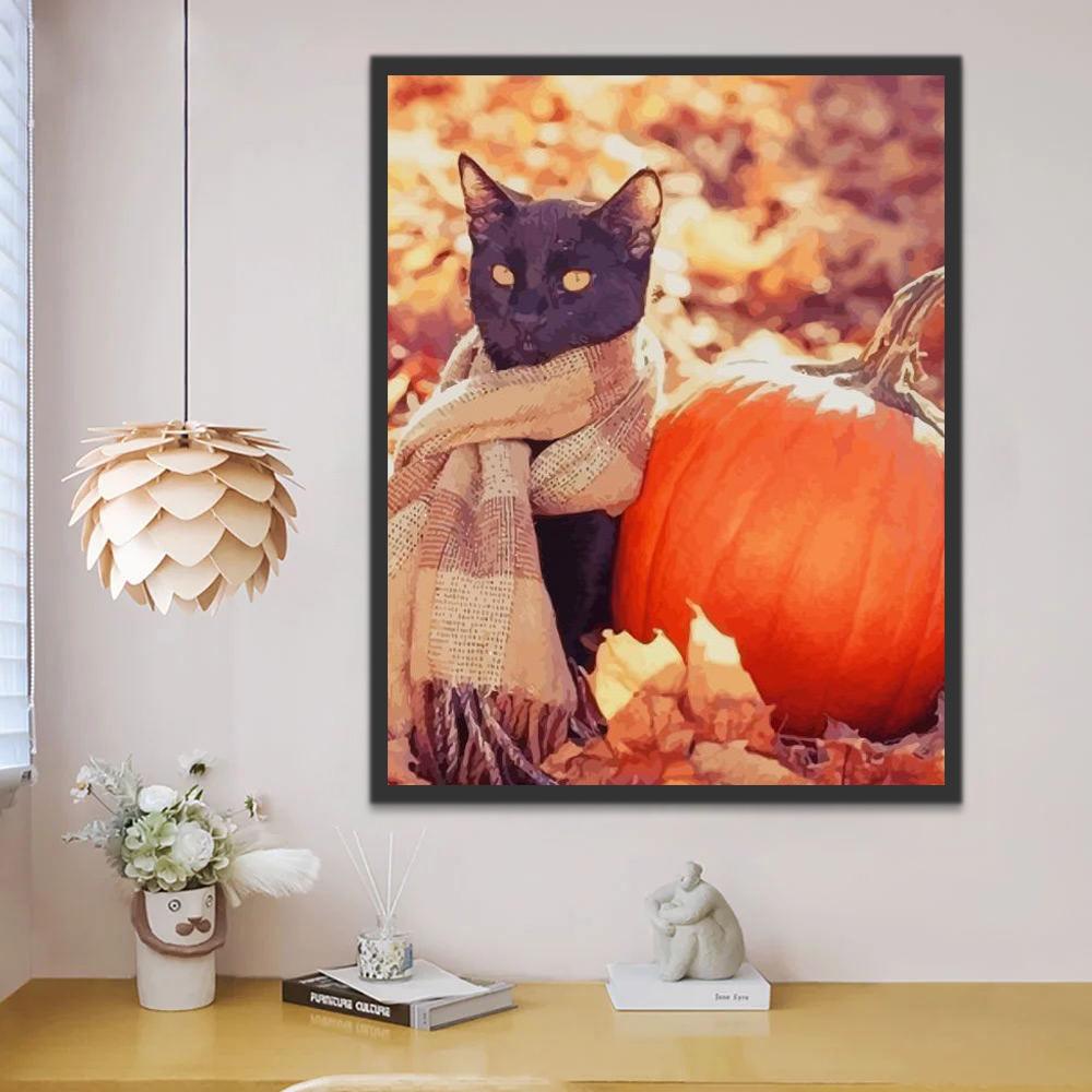 Chat Noir Portant une Echarpe Halloween Peinture par Numéros