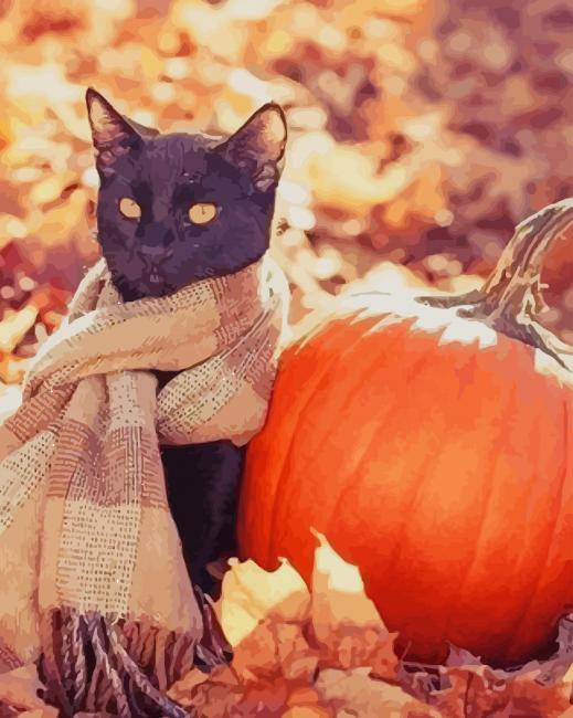 Chat Noir Portant une Echarpe Halloween Peinture par Numéros