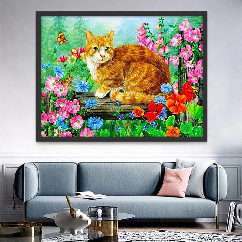 Chat Orange avec des Fleurs Colorées Peinture par Numéros