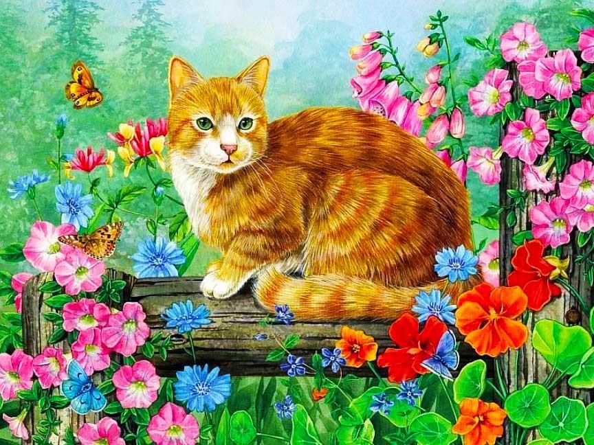 Chat Orange avec des Fleurs Colorées Peinture par Numéros