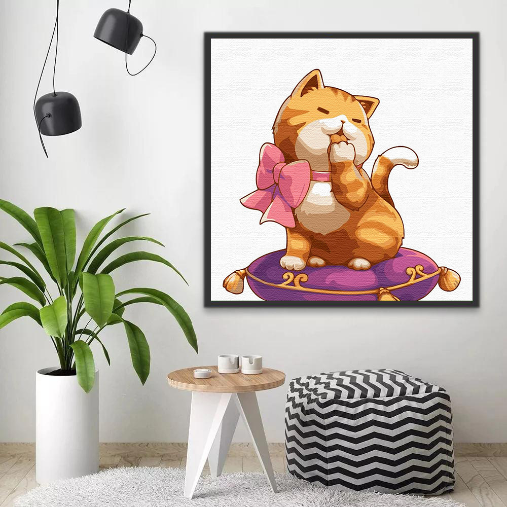 Chat Orange avec un Nœud Papillon Léchant sa Patte Peinture par Numéros