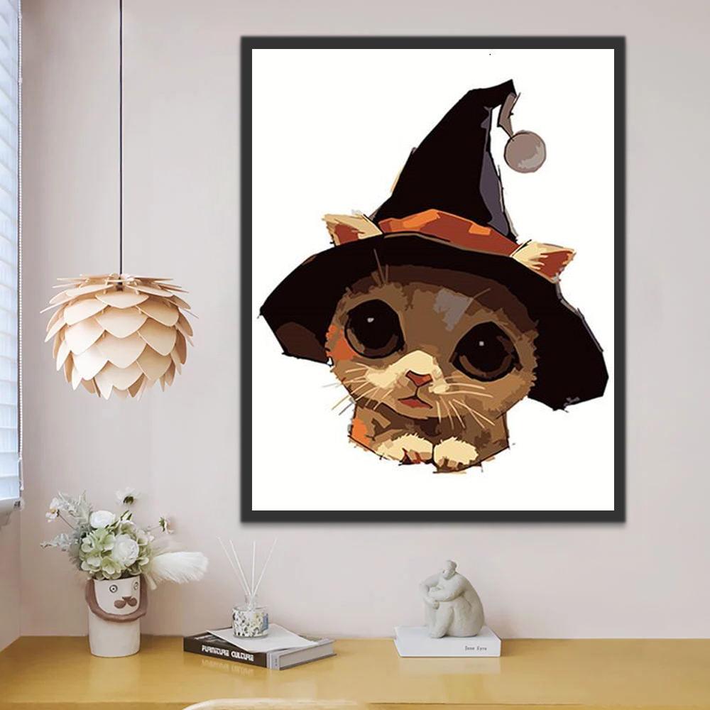 Chat Roux Adorable avec un Chapeau de Sorcier Peinture par Numéros