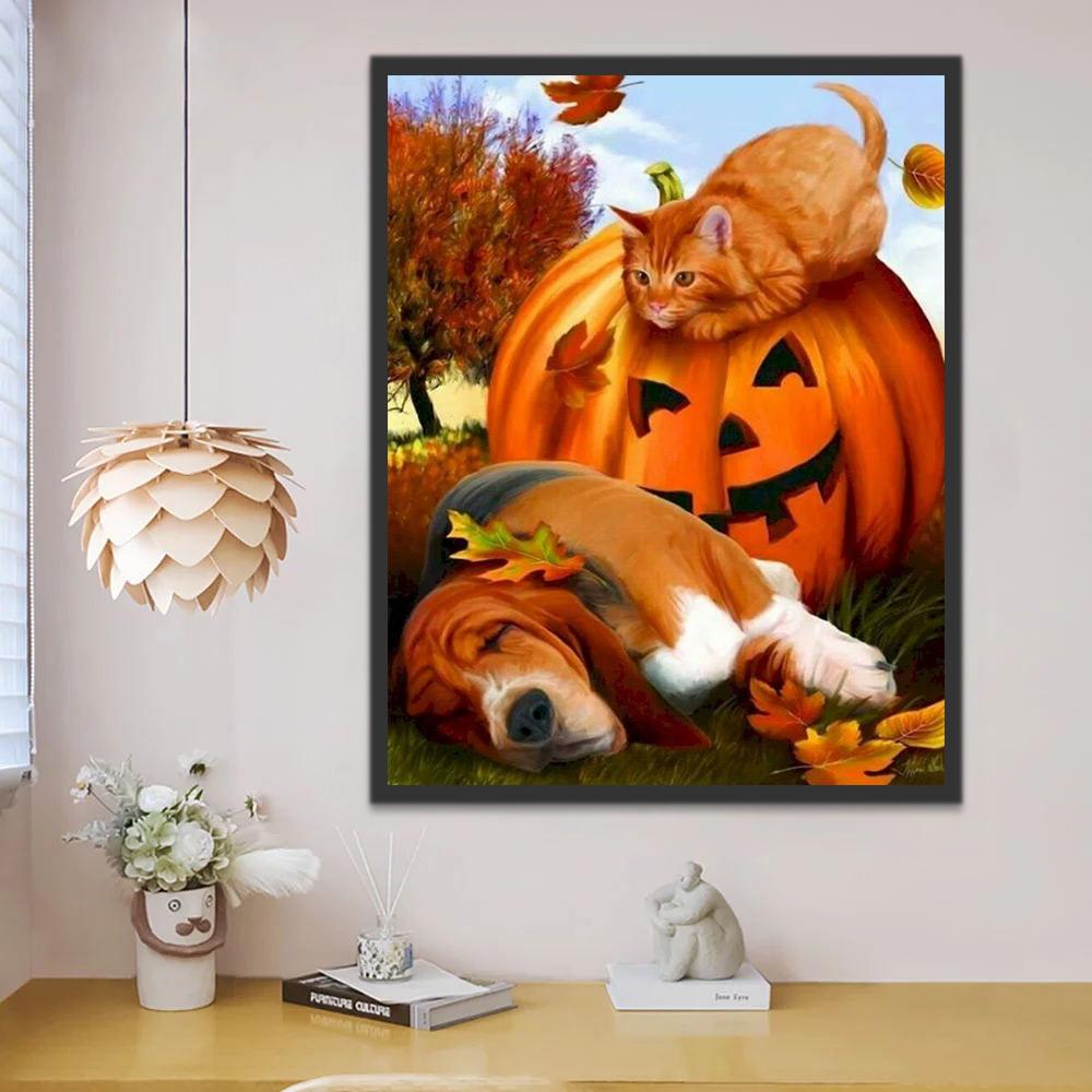 Chat Roux et Beagle Halloween Peinture par Numéros