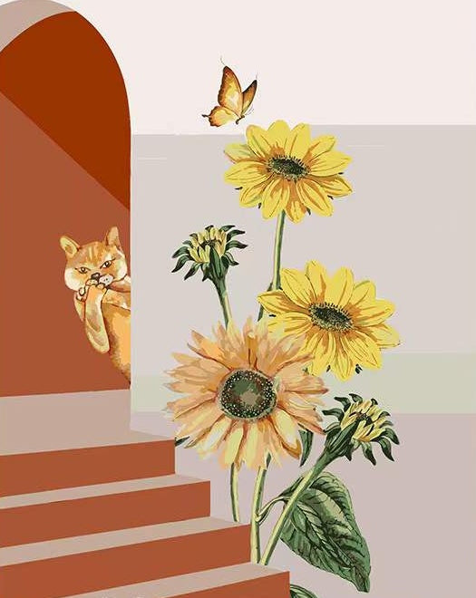 Chat Roux et Tournesol Peinture par Numéros
