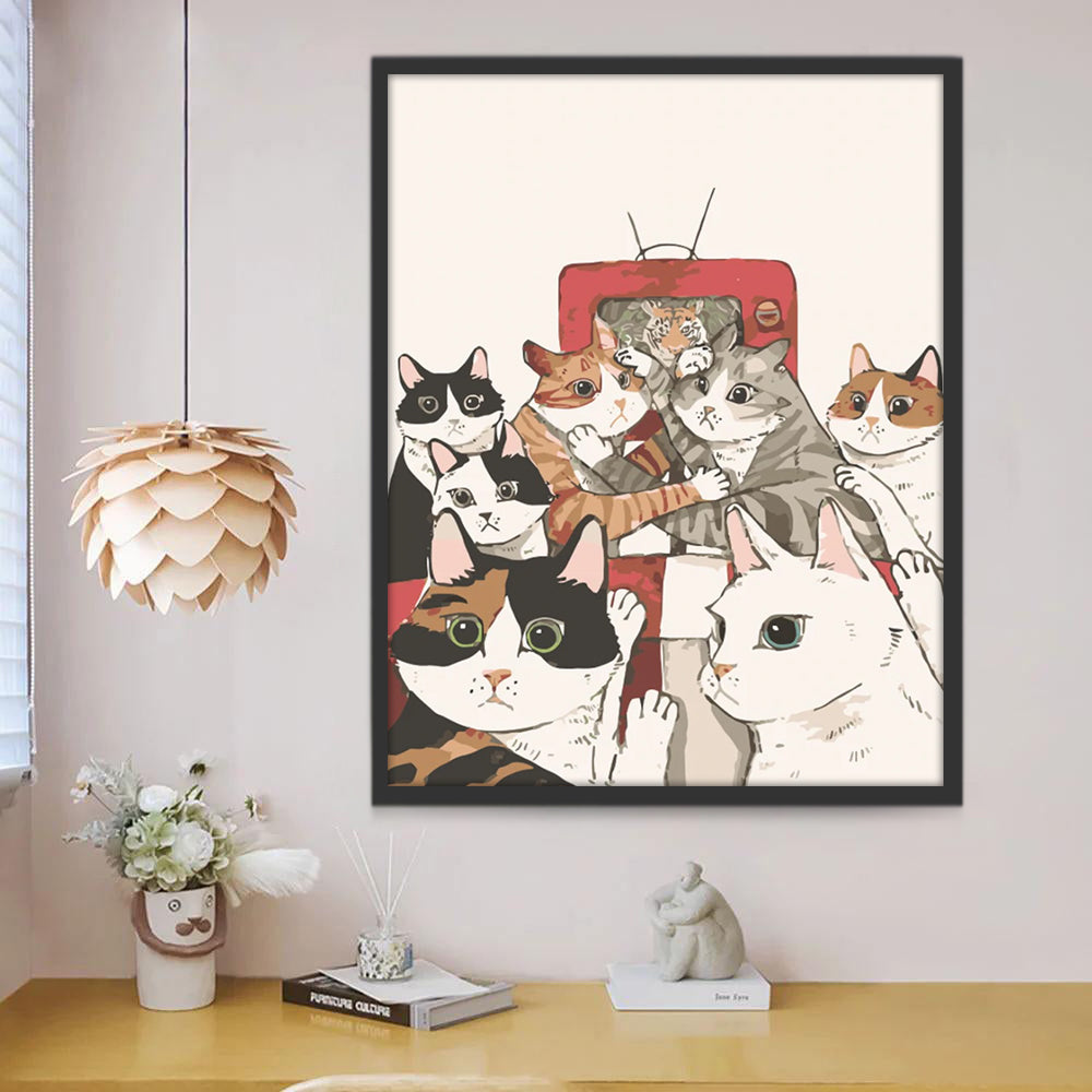 Chat Se Battant en Regardant la Télévision Peinture par Numéros