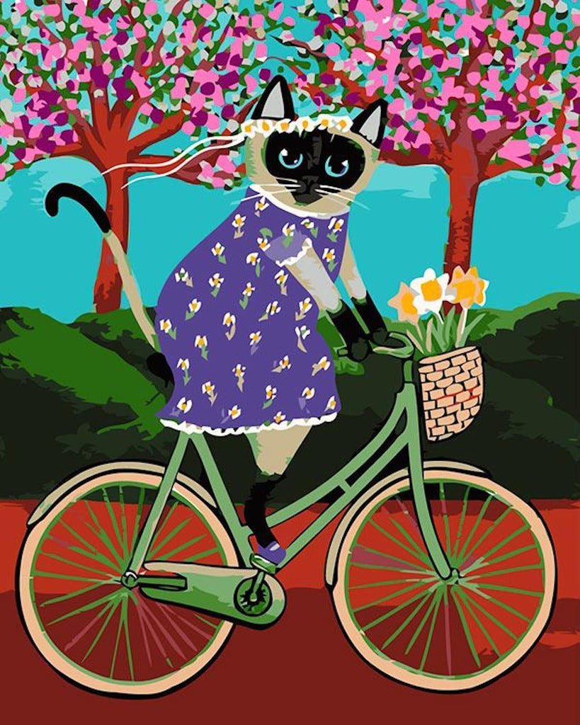 Chat Siamois en Robe Fleurie Faisant du Vélo Peinture par Numéros
