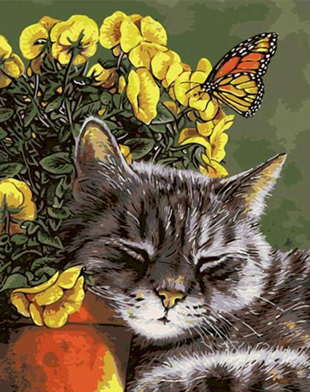 Chat Tigré et les Fleurs Jaunes Peinture par Numéros