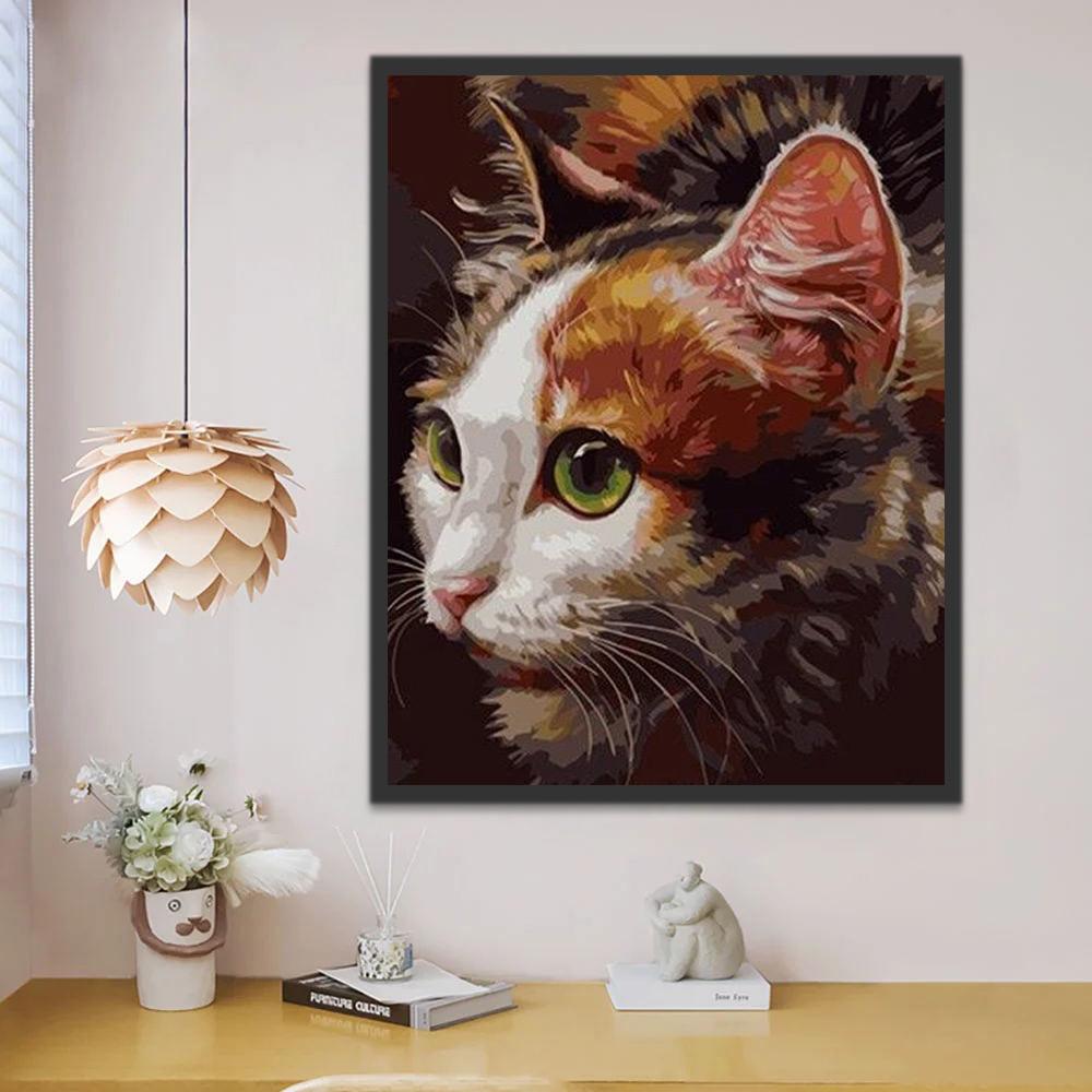 Chat Tricolore aux Yeux Verts Peinture par Numéros