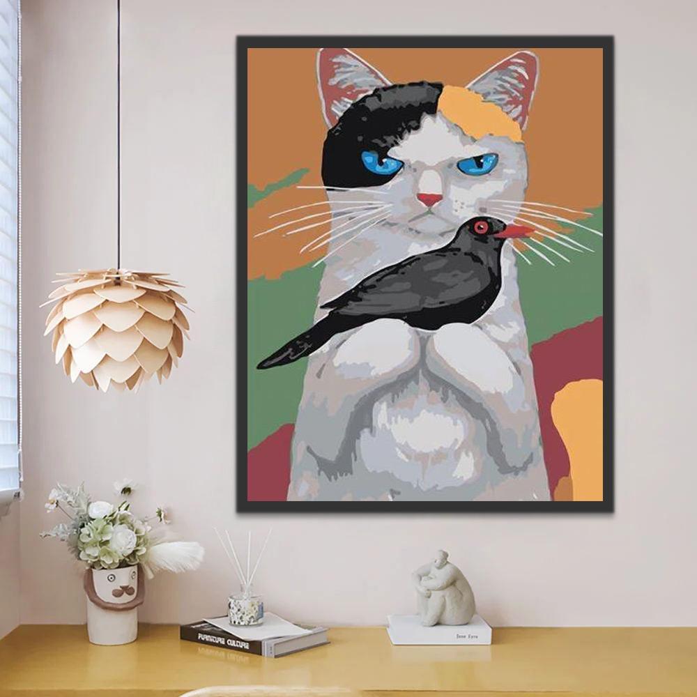 Chat Tricolore et Oiseau Noir Peinture par Numéros