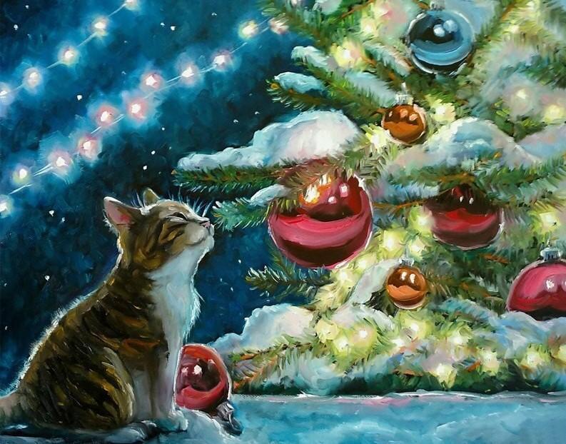 Chaton et Boules de Noël Peinture par Numéros