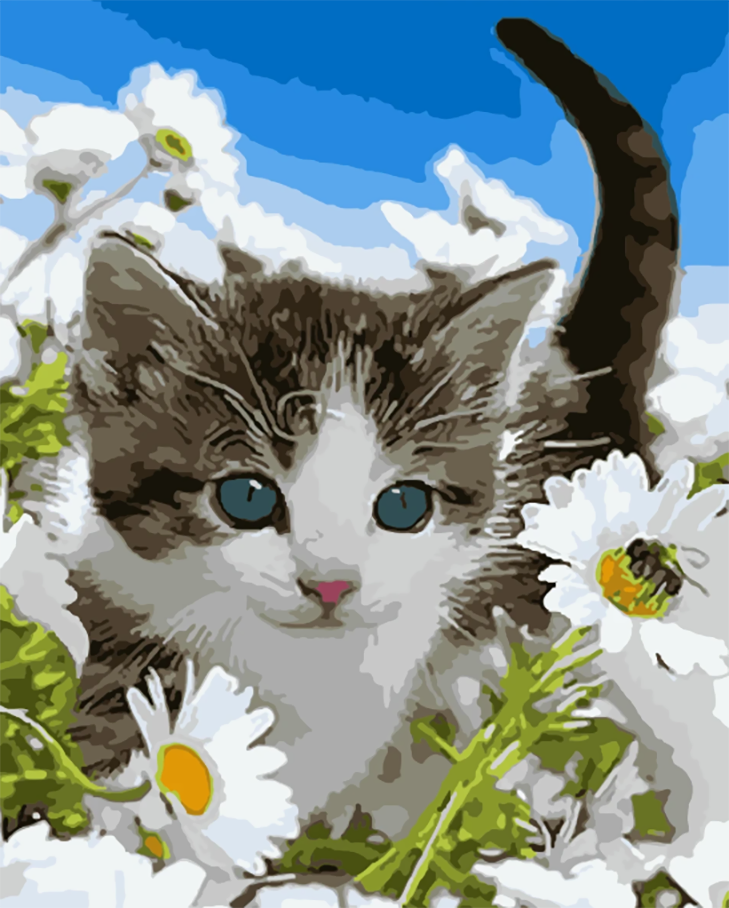 Chaton et Marguerites Peinture par Numéros