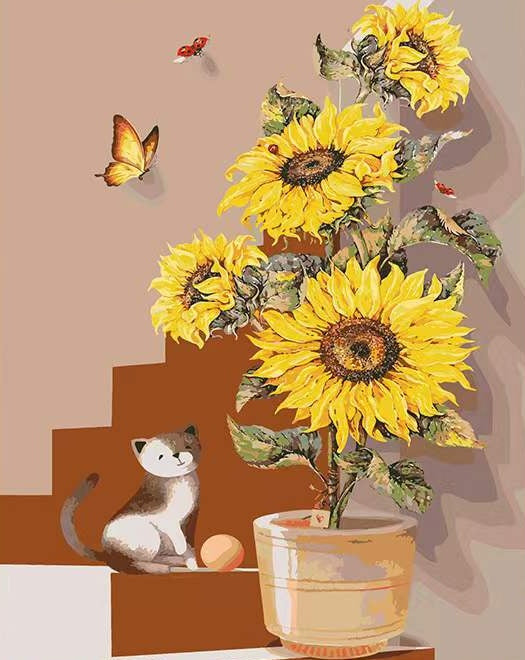 Chaton et Papillon avec Tournesol Peinture par Numéros
