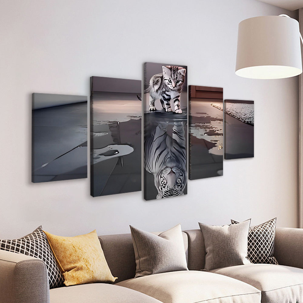 Chaton et Tigre Blanc dans le Reflet 5 Partie Peinture par Numéros