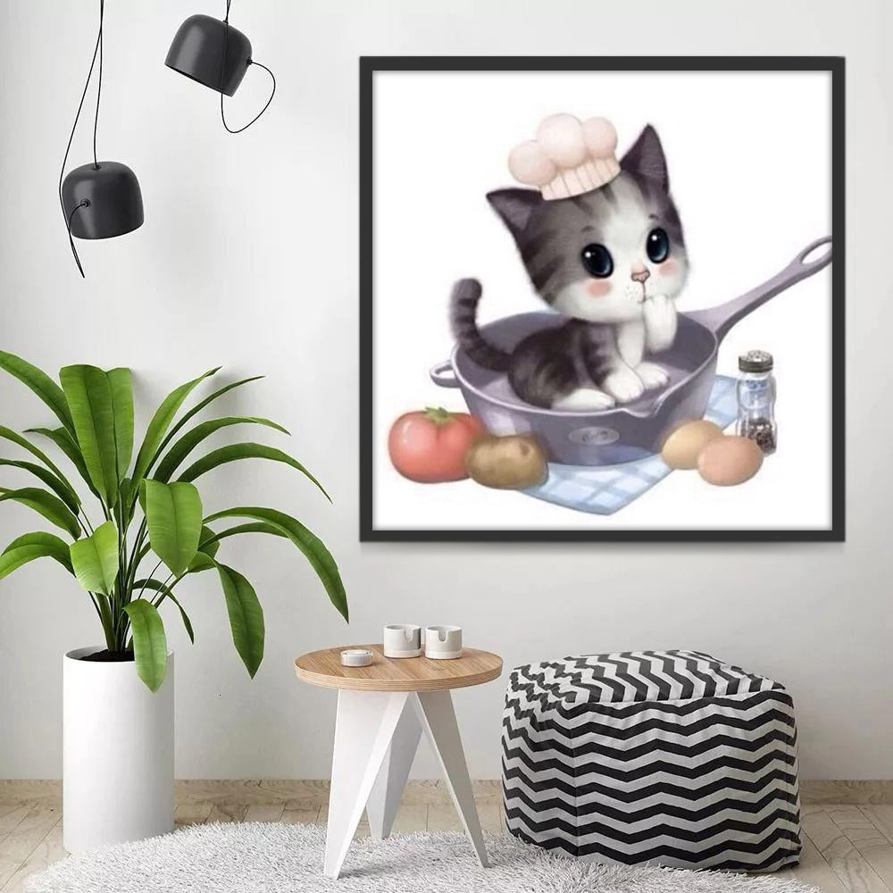 Chaton Gris dans la Poêle Cartoon Peinture par Numéros