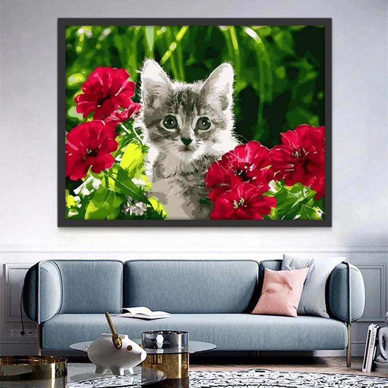 Chaton Gris et Fleurs Rouges Peinture par Numéros