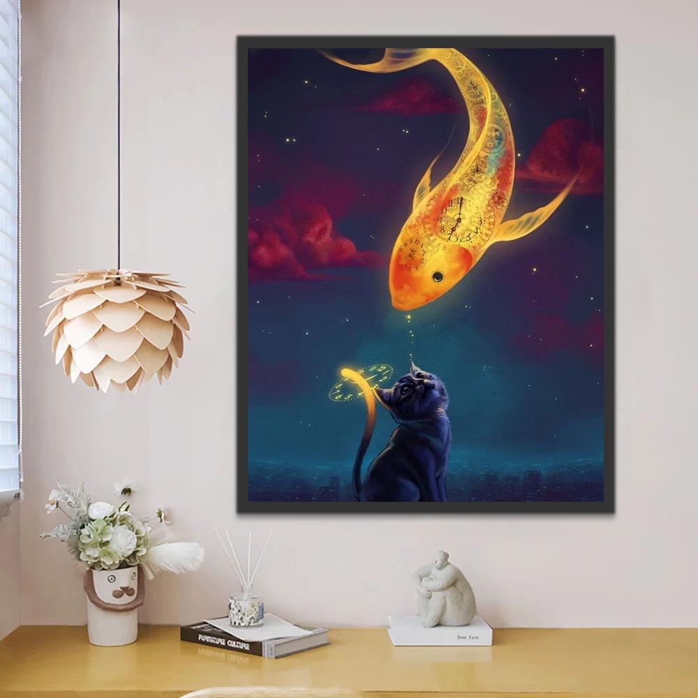 Chaton Noir et Carpe Koi Peinture par Numéros