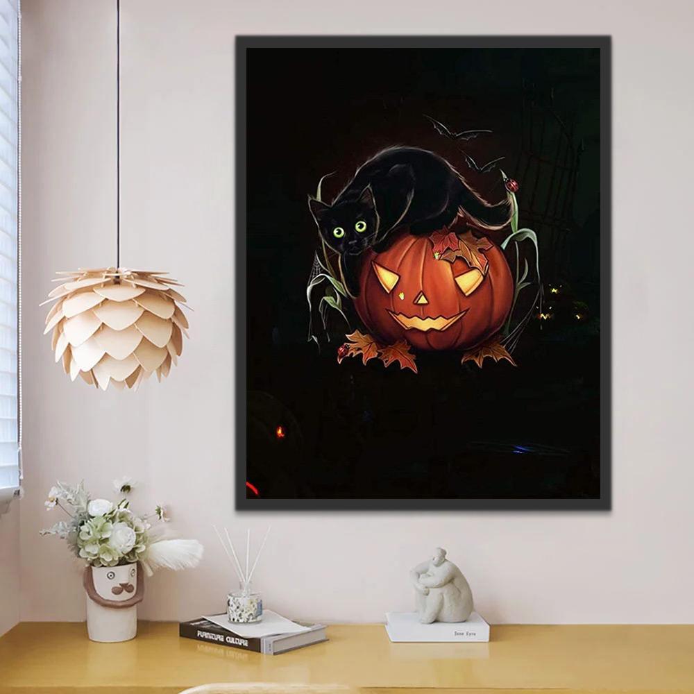 Chaton Noir sur la Citrouille Halloween Peinture par Numéros