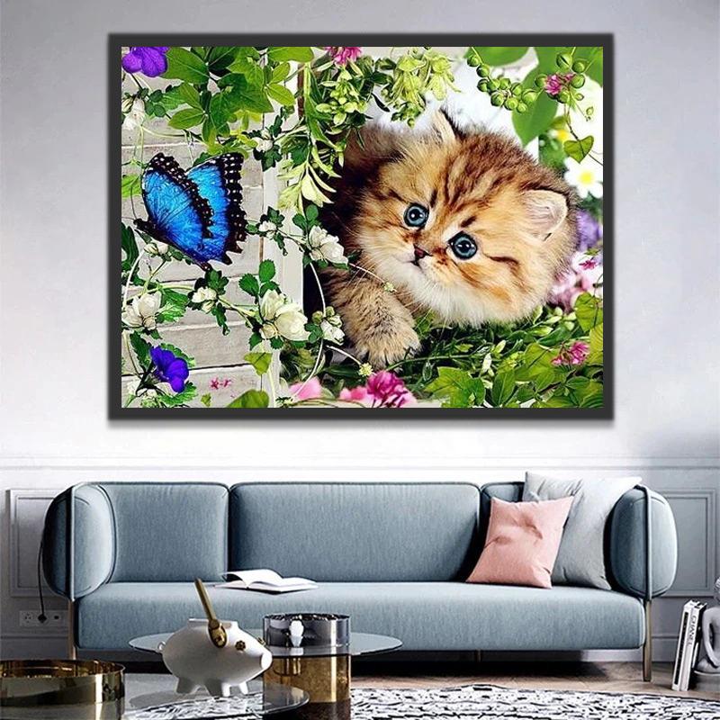 Chaton Orange et Papillon Bleu Peinture par Numéros