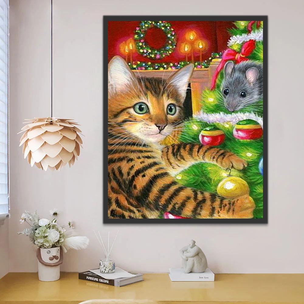 Chaton Tigré et Souris avec le Sapin de Noël Peinture par Numéros