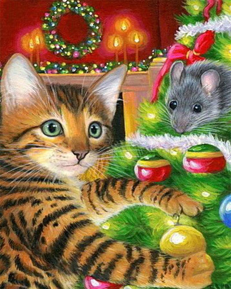 Chaton Tigré et Souris avec le Sapin de Noël Peinture par Numéros