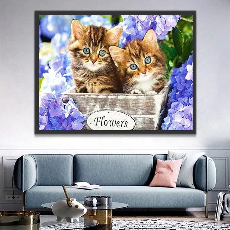 Chaton Tigrés et les Hortensias Peinture par Numéros