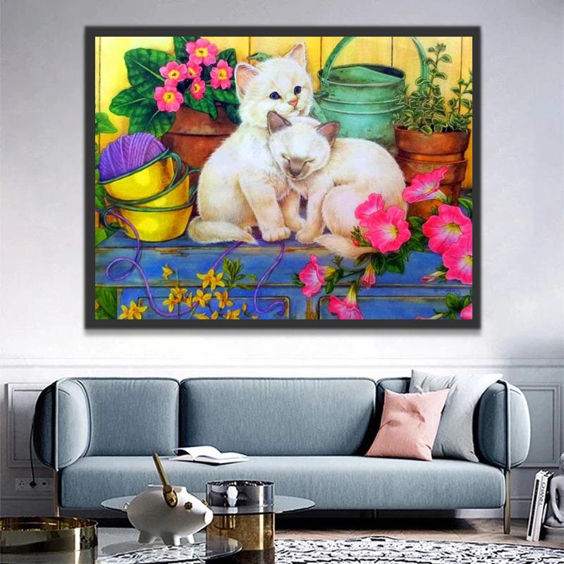 Chatons Blancs et des Fleurs Peinture par Numéros