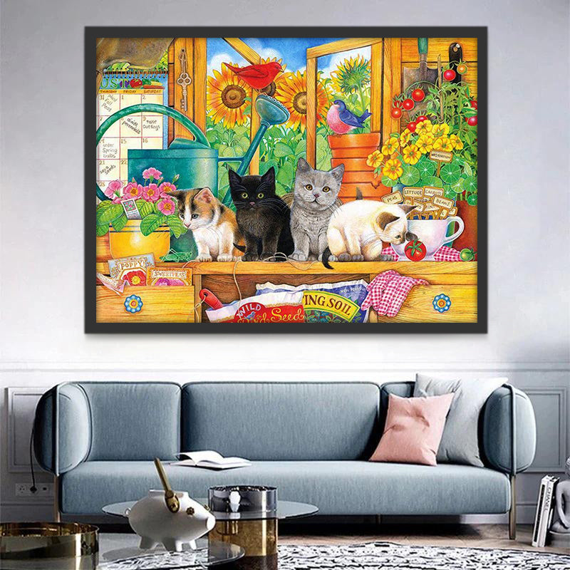 Chatons dans la Maison de Fleurs Peinture par Numéros