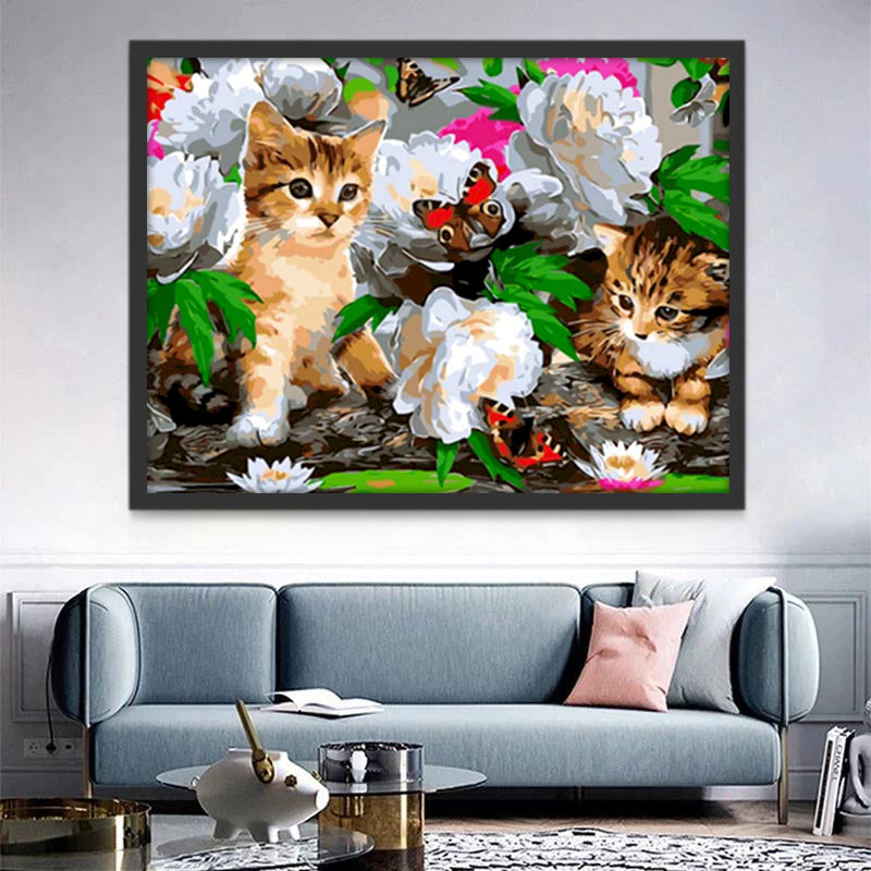 Chatons et Fleurs Blanches Peinture par Numéros