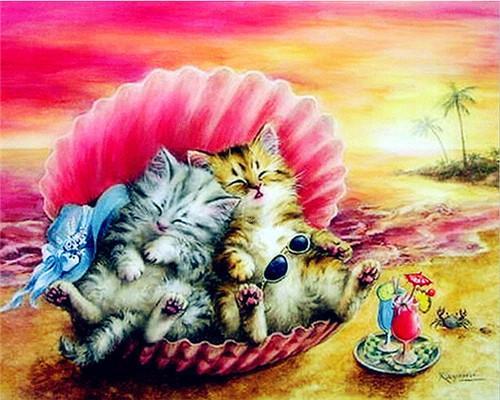 Chats Dormant dans des Coquilles Saint-Jacques Peinture par Numéros