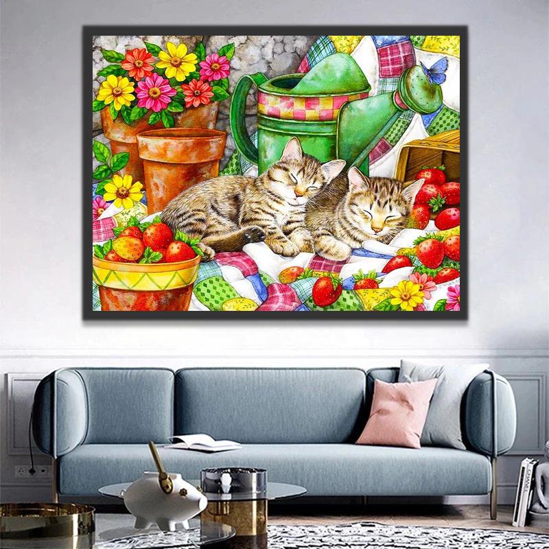 Chats Endormis dans les Fraises et Fleurs Peinture par Numéros