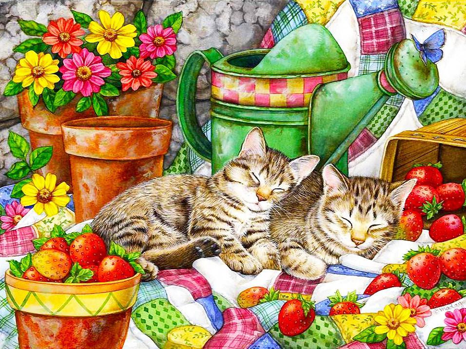 Chats Endormis dans les Fraises et Fleurs Peinture par Numéros